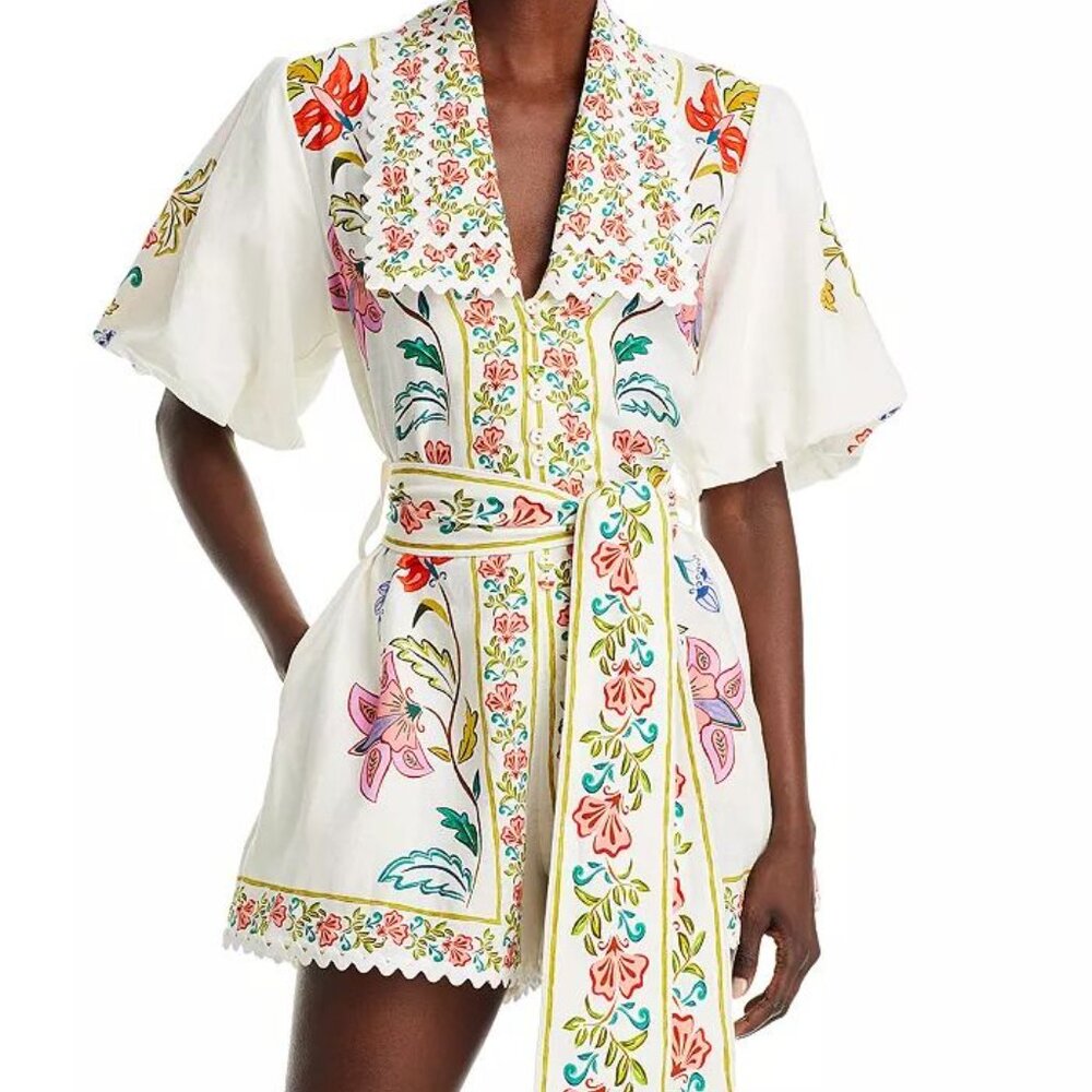 FARM Rio Floral Embroidered Romper- Linen Blend Insects Romper